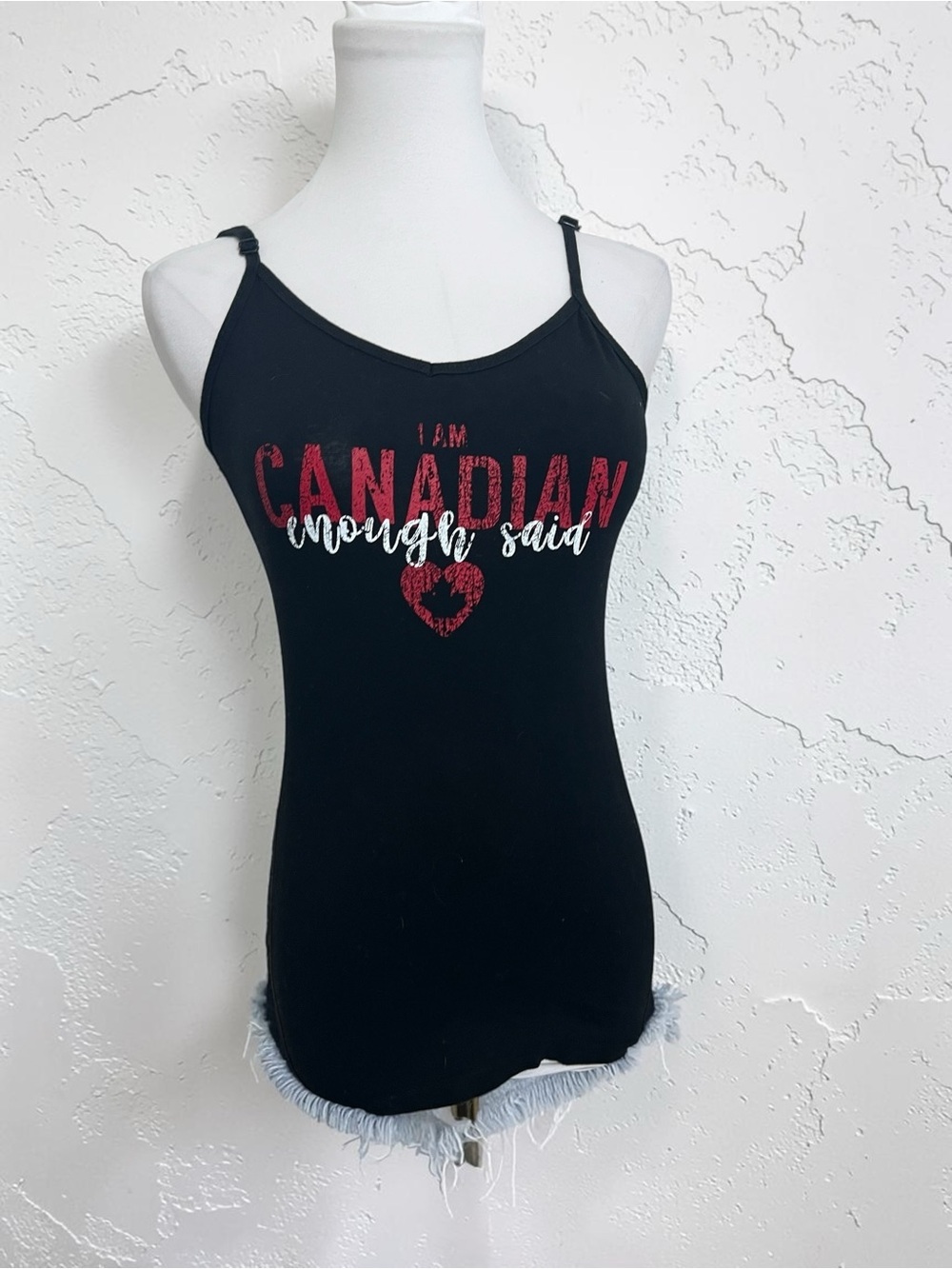 Canadian Enough Said Graphic Cami Tank Top Black Patriotic Spaghetti Strap